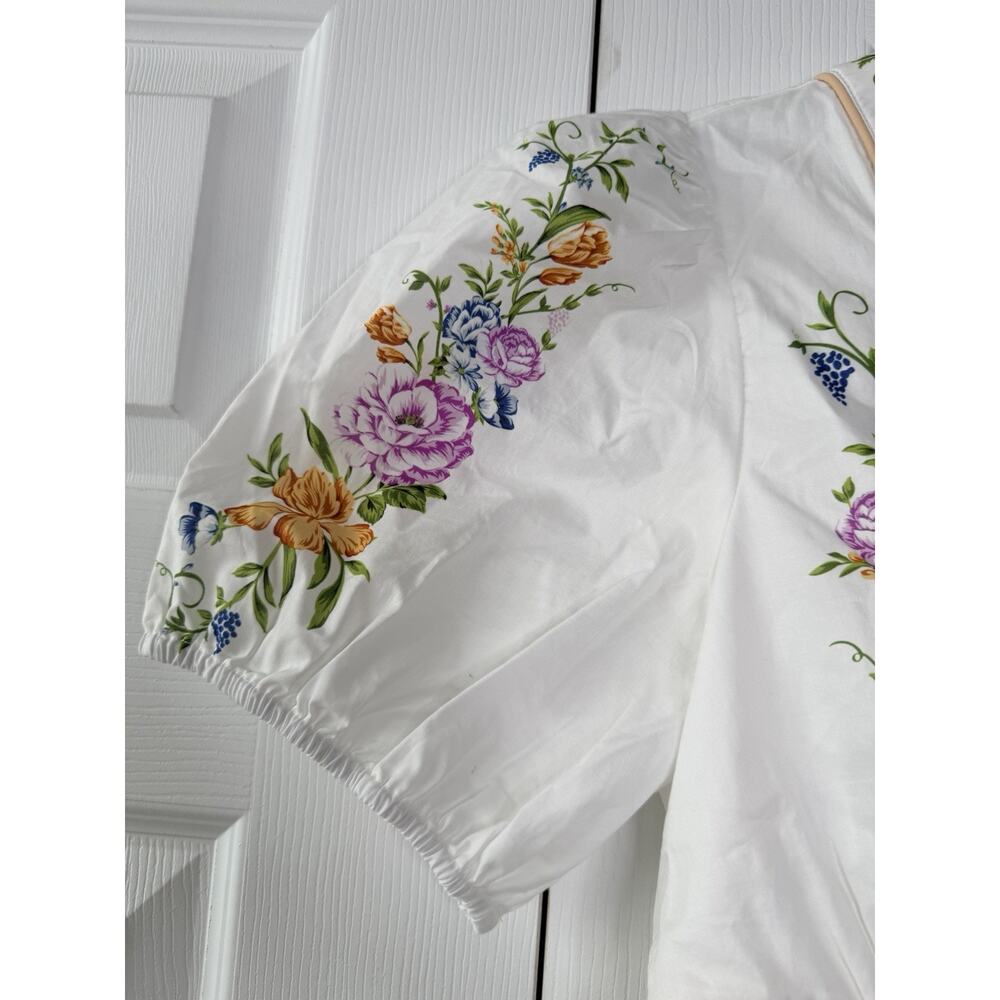 Calypso White Floral V-Neck Puff Sleeve Bordered Mini Dress Size M - Picture 11 of 13